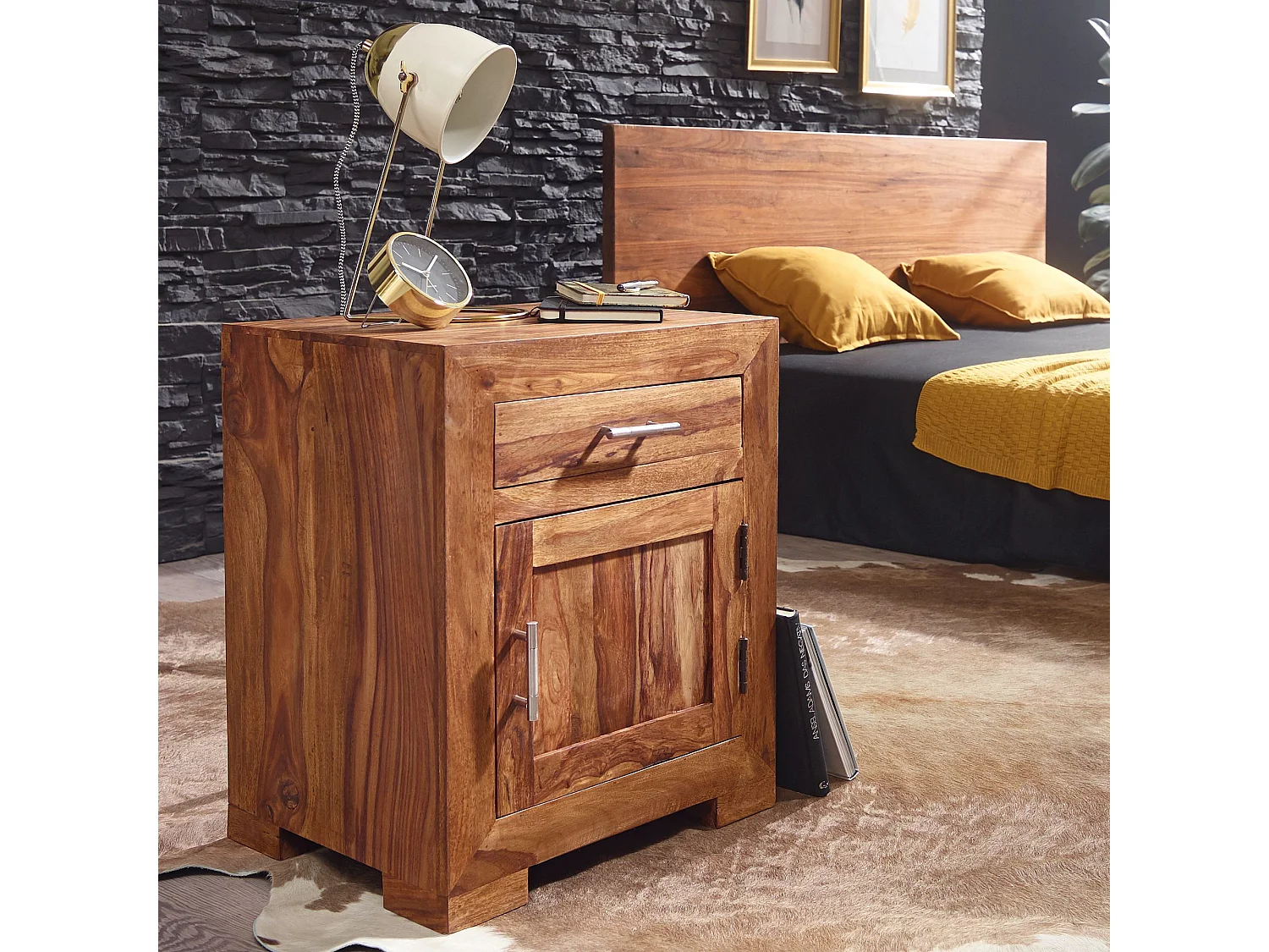 nachtkastje MUMBAI massief houten sheesham design nachtkastje 60 cm met lade en deur nachtkastje voor boxspring bed