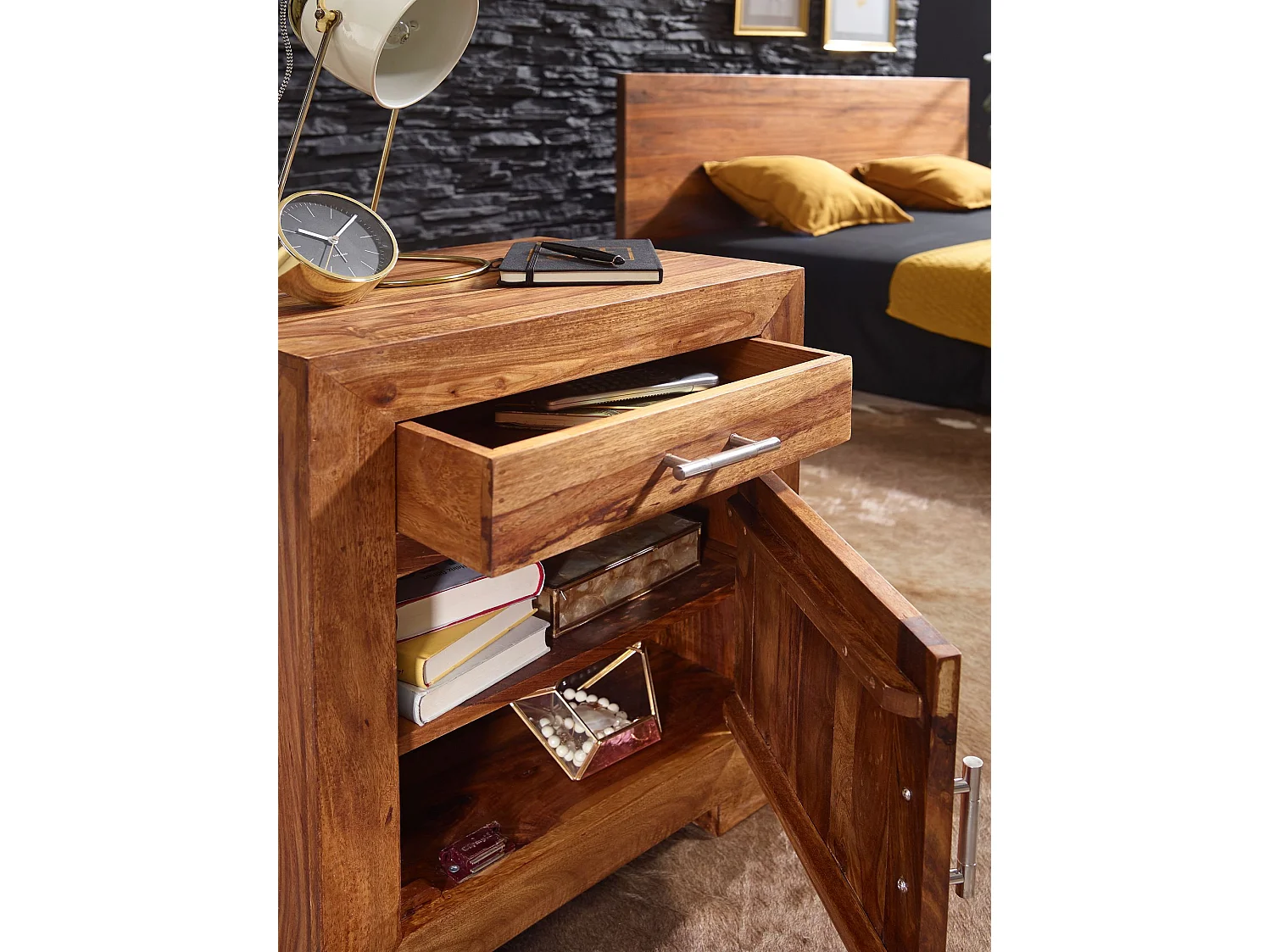 nachtkastje MUMBAI massief houten sheesham design nachtkastje 60 cm met lade en deur nachtkastje voor boxspring bed