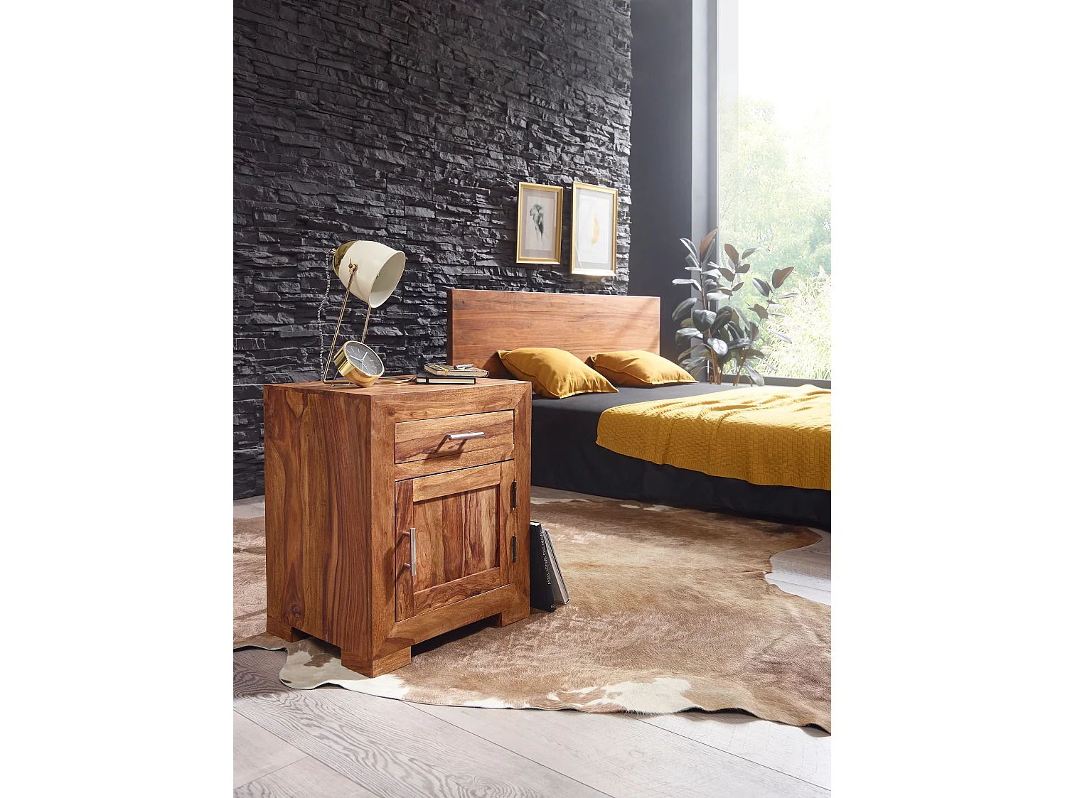 nachtkastje MUMBAI massief houten sheesham design nachtkastje 60 cm met lade en deur nachtkastje voor boxspring bed