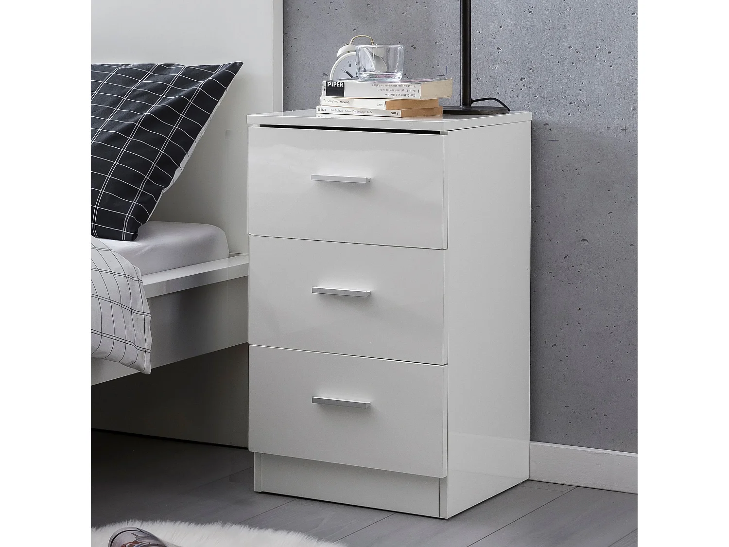 Wit WL5.868 38x66,5x35cm Hout Nachtkastje Hoogglans | Nachtkastje voor boxspringbed | Slaapkamer nachtkastje | Nachtkastje met 3 laden | Bed dressoir boxspring