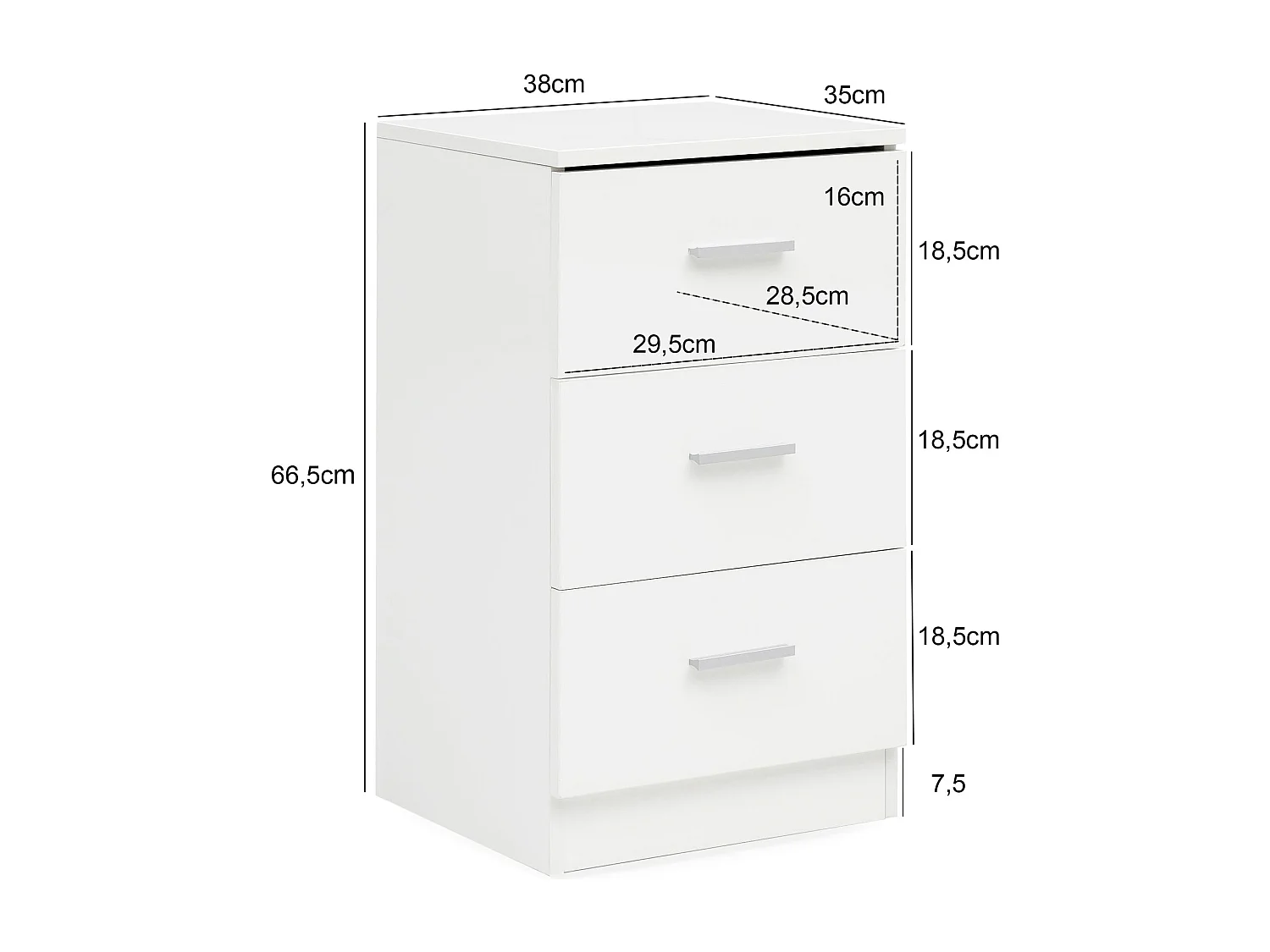 Wit WL5.868 38x66,5x35cm Hout Nachtkastje Hoogglans | Nachtkastje voor boxspringbed | Slaapkamer nachtkastje | Nachtkastje met 3 laden | Bed dressoir boxspring