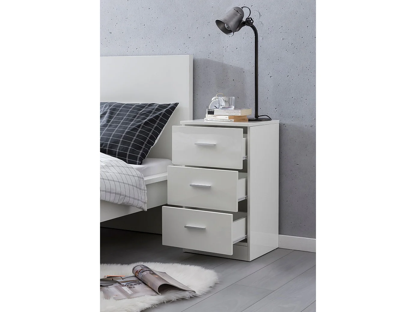 Wit WL5.868 38x66,5x35cm Hout Nachtkastje Hoogglans | Nachtkastje voor boxspringbed | Slaapkamer nachtkastje | Nachtkastje met 3 laden | Bed dressoir boxspring