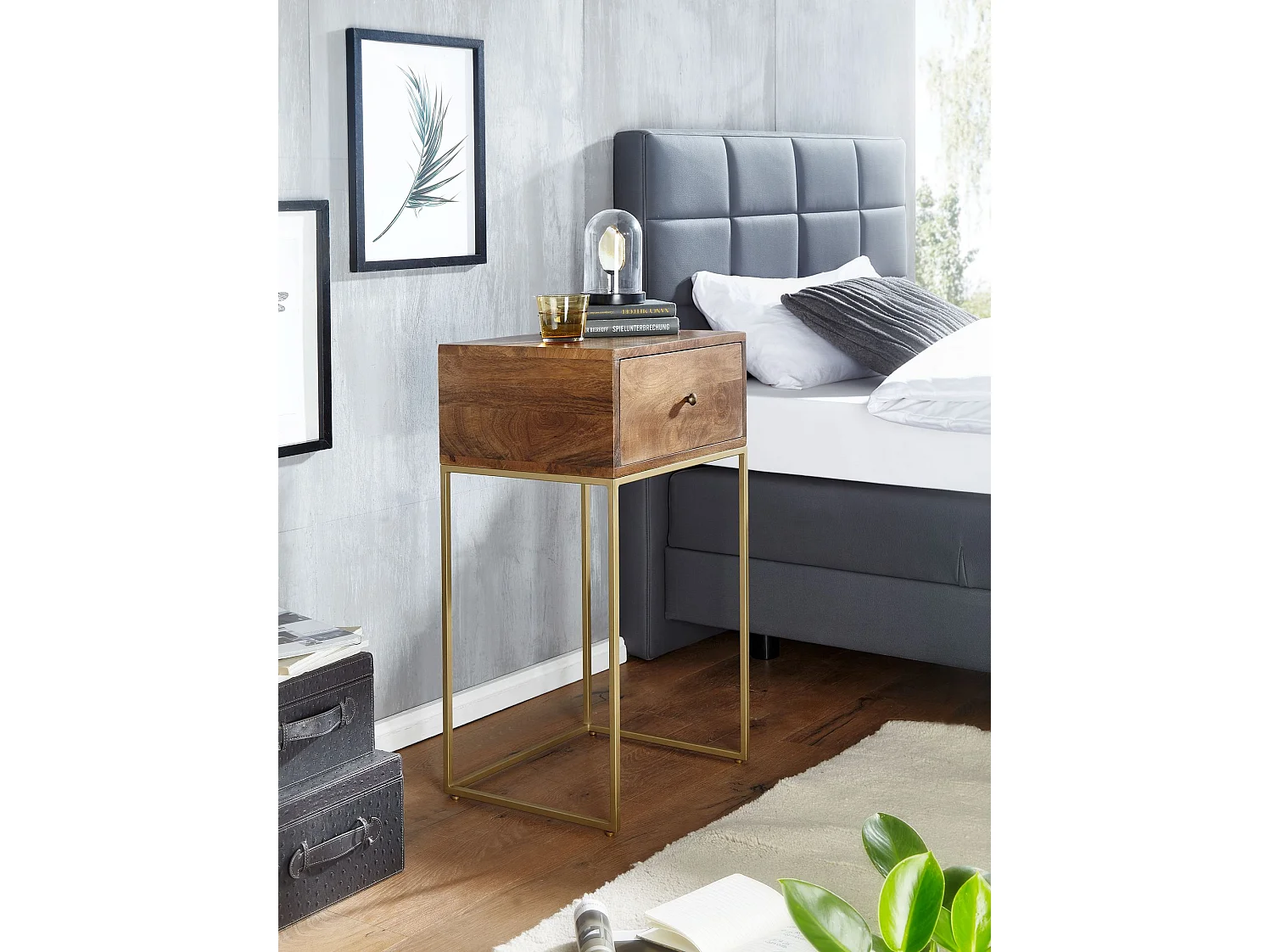 nachtkastje mango massief hout / metaal 40x75.5x35 cm nachtkastje boxspring bed | Design nachtkastje met lade | Nachtkastje met opbergruimte