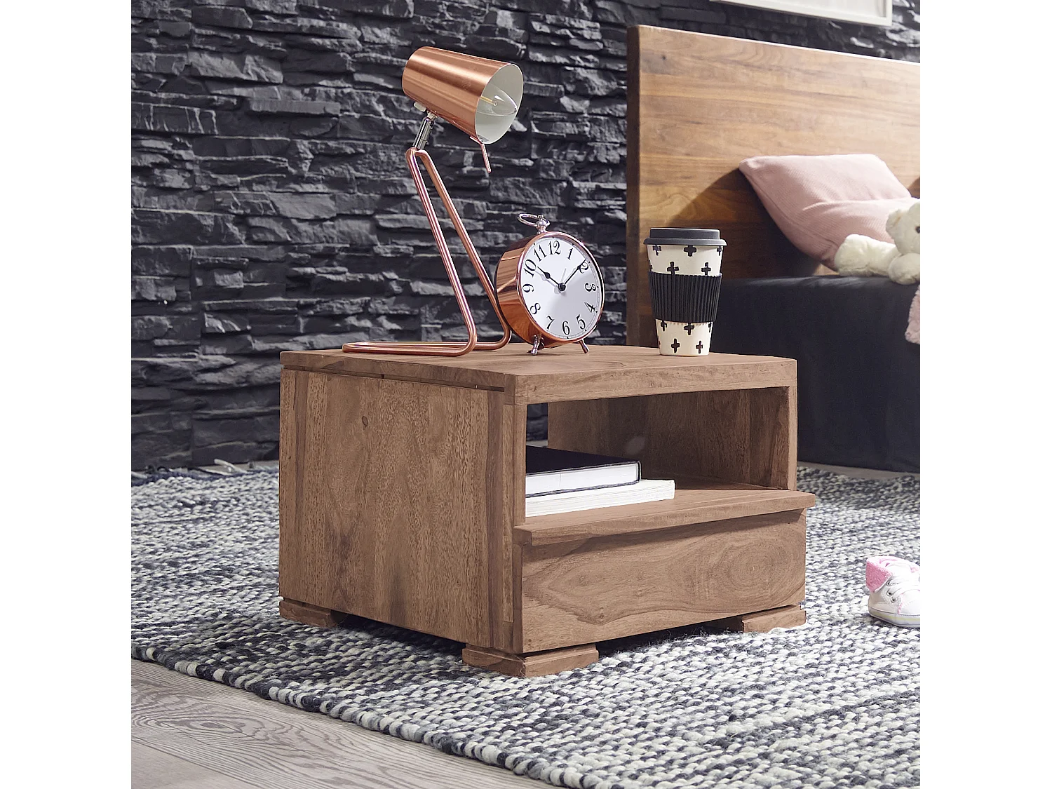 Nachttisch MUMBAI Massiv-Holz Akazie Nacht-Kommode 30 cm 1 Schublade Ablage Nachtschrank