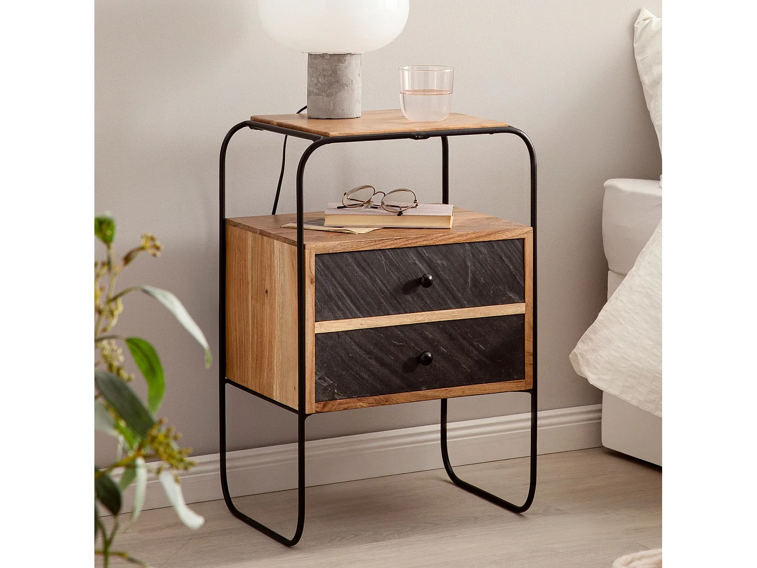 Nachtkastje - Massief Acaciahout/Steenlook 40x60x30 cm - Handgemaakt en uniek