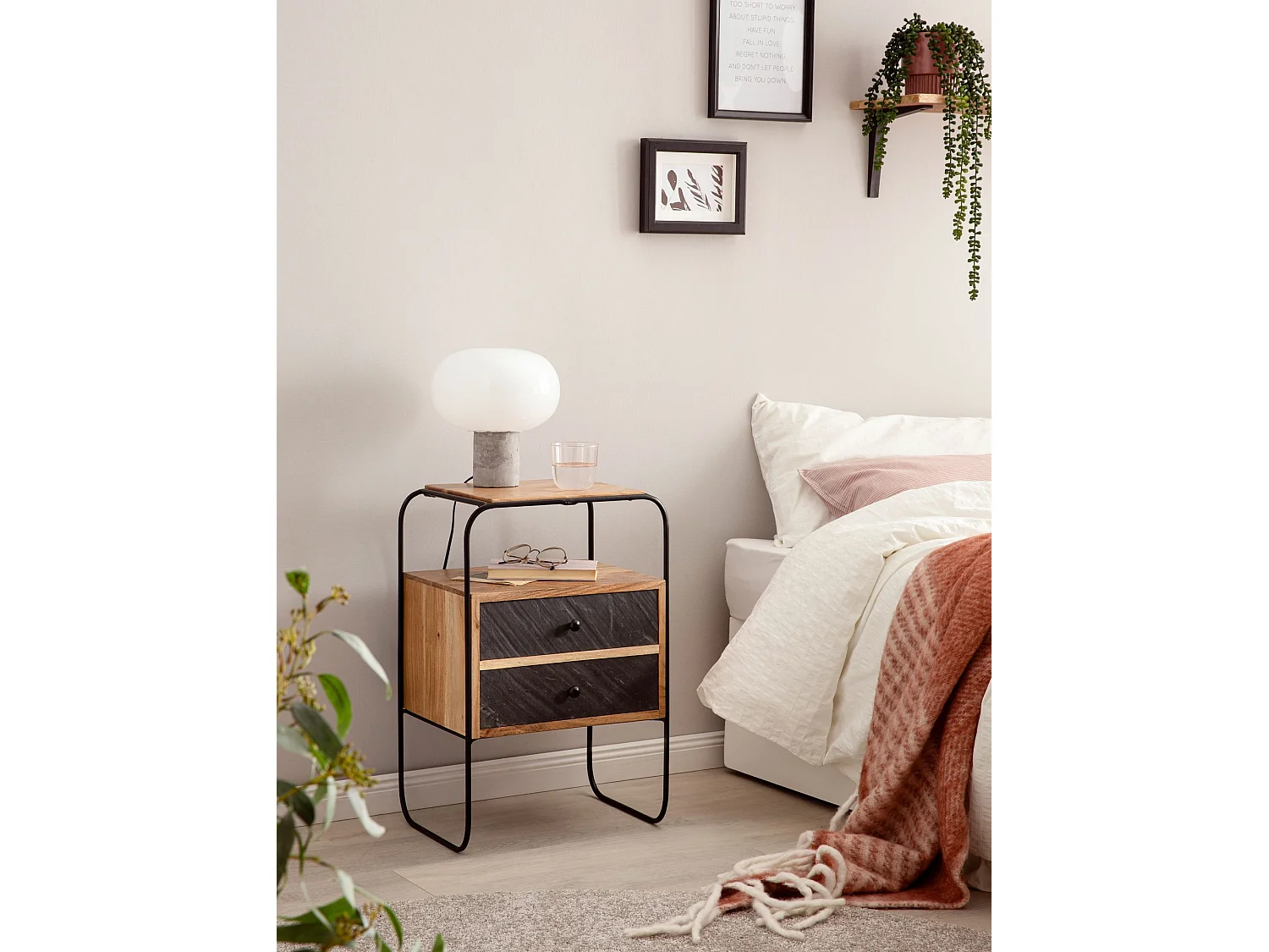 Nachtkastje - Massief Acaciahout/Steenlook 40x60x30 cm - Handgemaakt en uniek