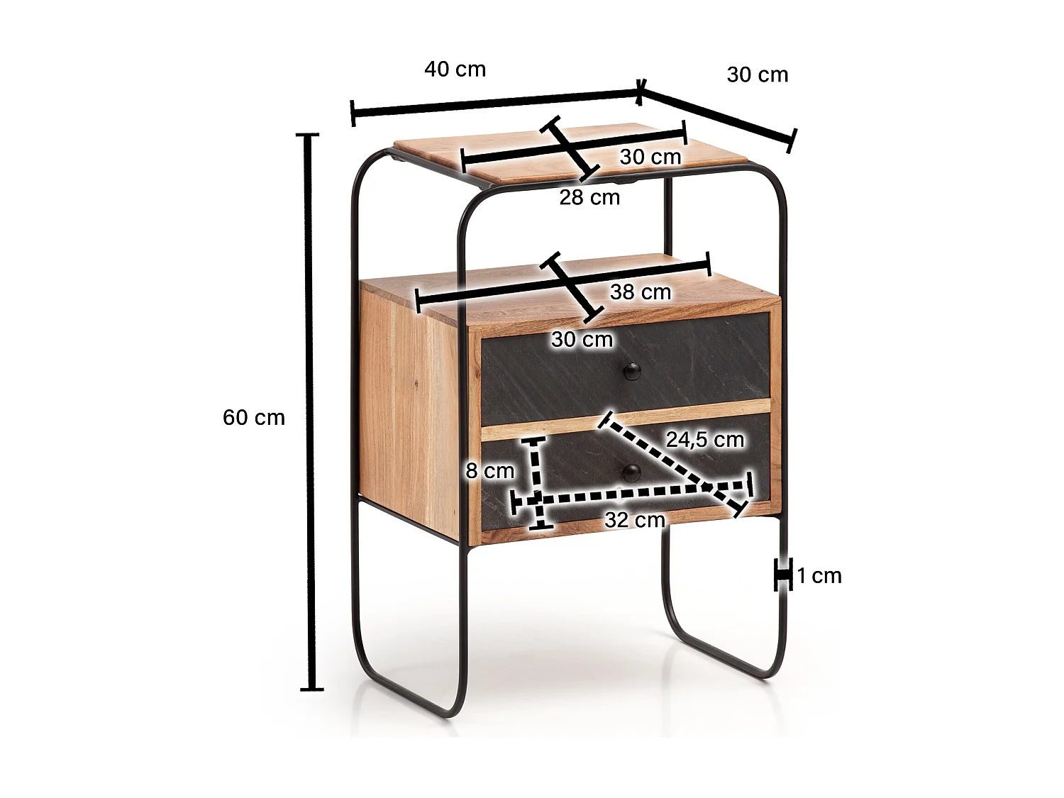 Nachtkastje - Massief Acaciahout/Steenlook 40x60x30 cm - Handgemaakt en uniek