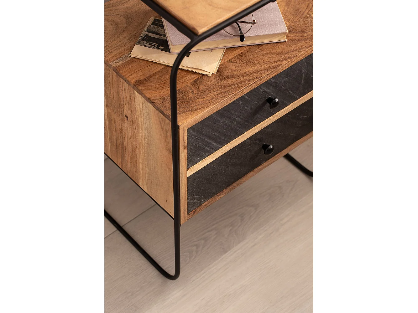 Nachtkastje - Massief Acaciahout/Steenlook 40x60x30 cm - Handgemaakt en uniek