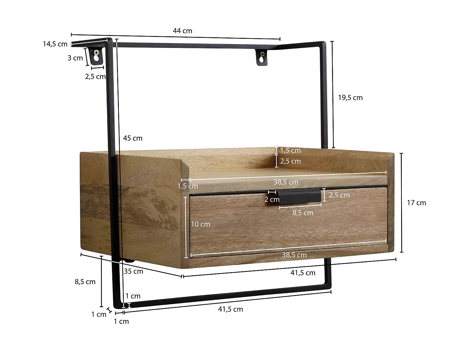 Nachtkonsole für Wandmontage 44x45x35 cm Mango Massivholz Hellbraun, Nachttisch mit Schublade,