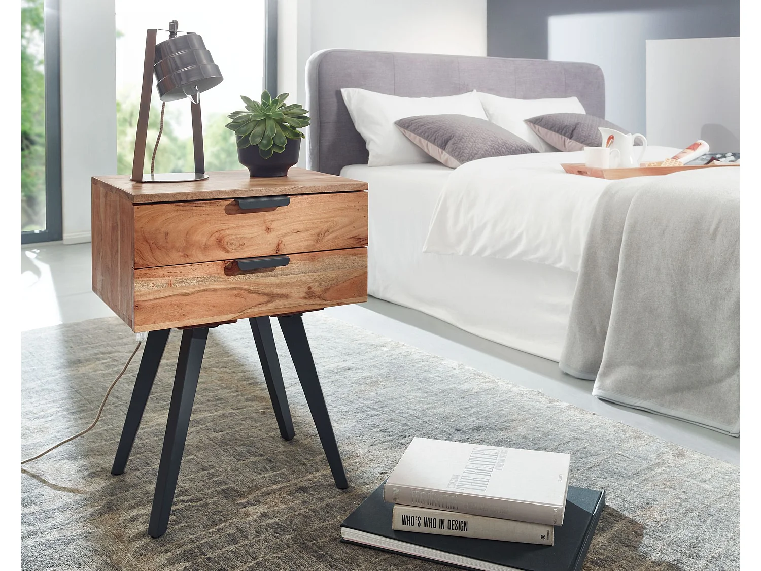 nachtkastje 47 x 65 x 35 cm acacia massief houten nachtkastje boxspring bed | Nachtkastje 2 lades | Modern nachtkastje met metalen poten | Stevig nachtkastje