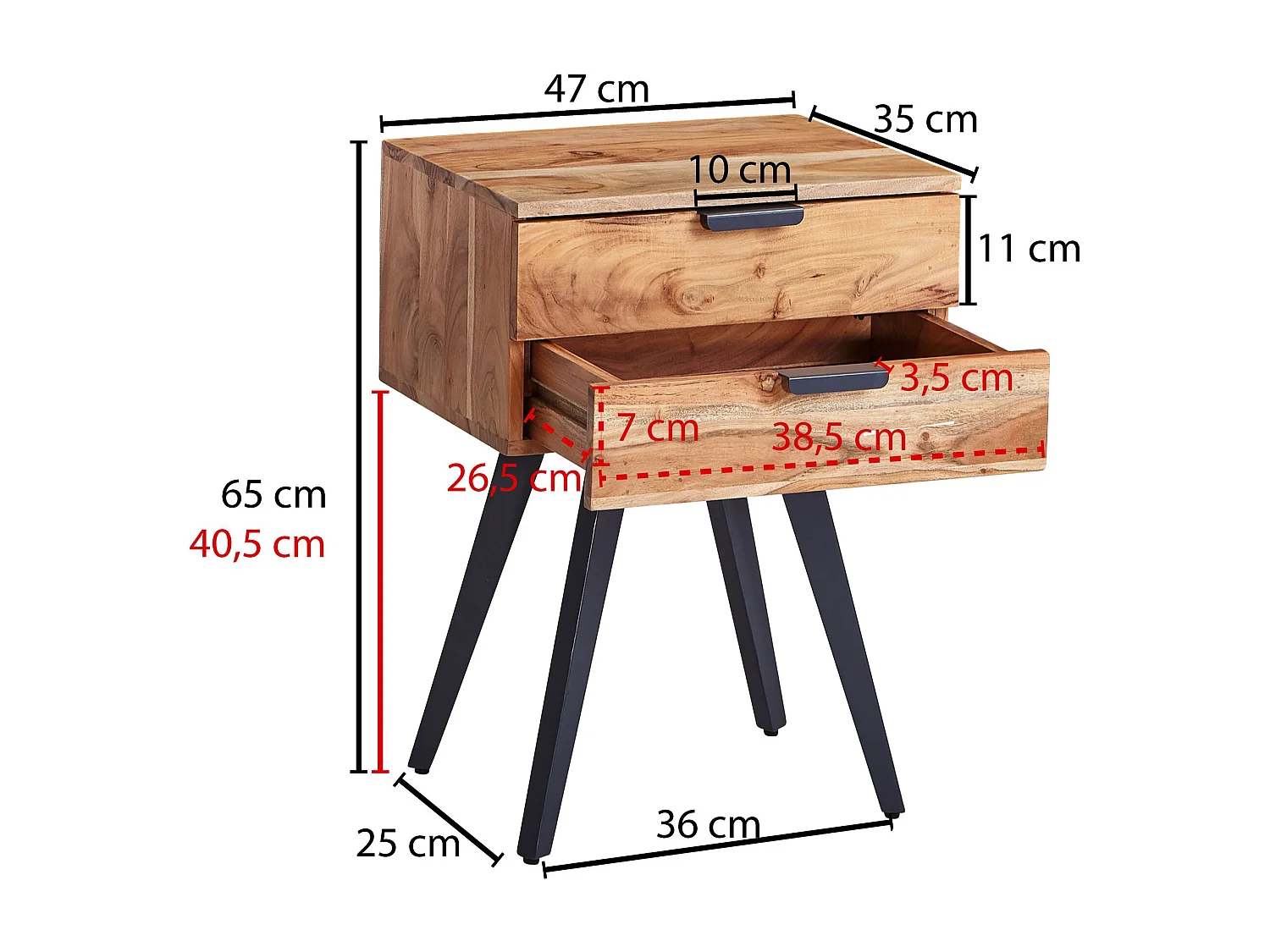 nachtkastje 47 x 65 x 35 cm acacia massief houten nachtkastje boxspring bed | Nachtkastje 2 lades | Modern nachtkastje met metalen poten | Stevig nachtkastje
