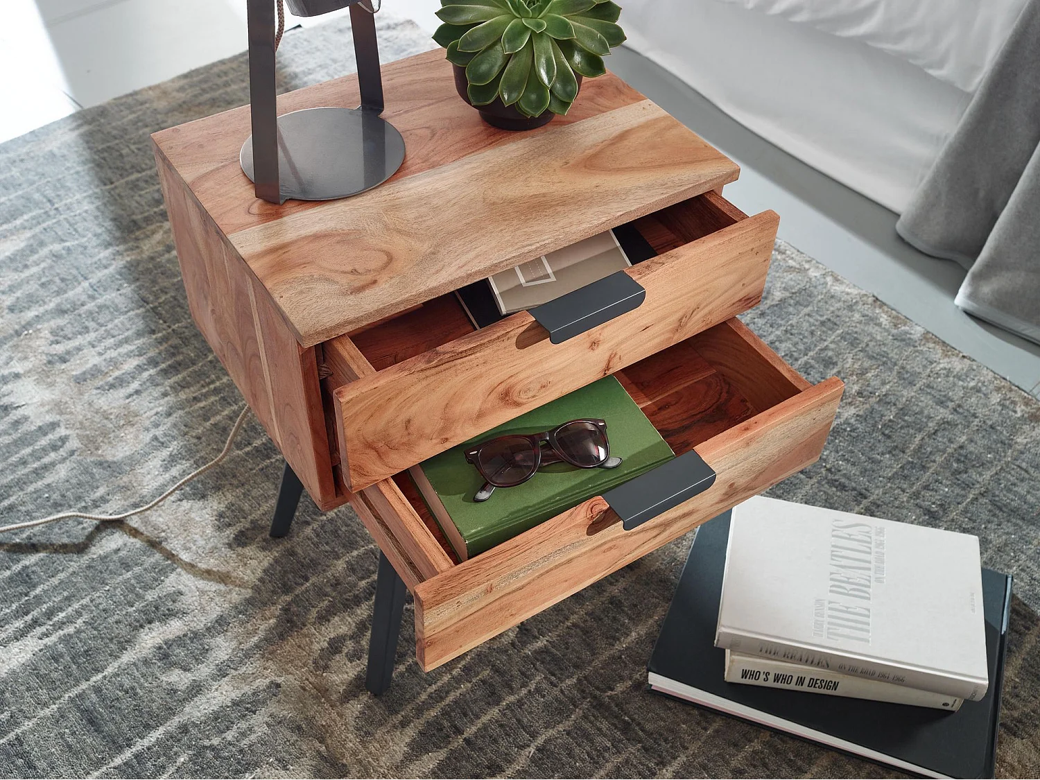 nachtkastje 47 x 65 x 35 cm acacia massief houten nachtkastje boxspring bed | Nachtkastje 2 lades | Modern nachtkastje met metalen poten | Stevig nachtkastje