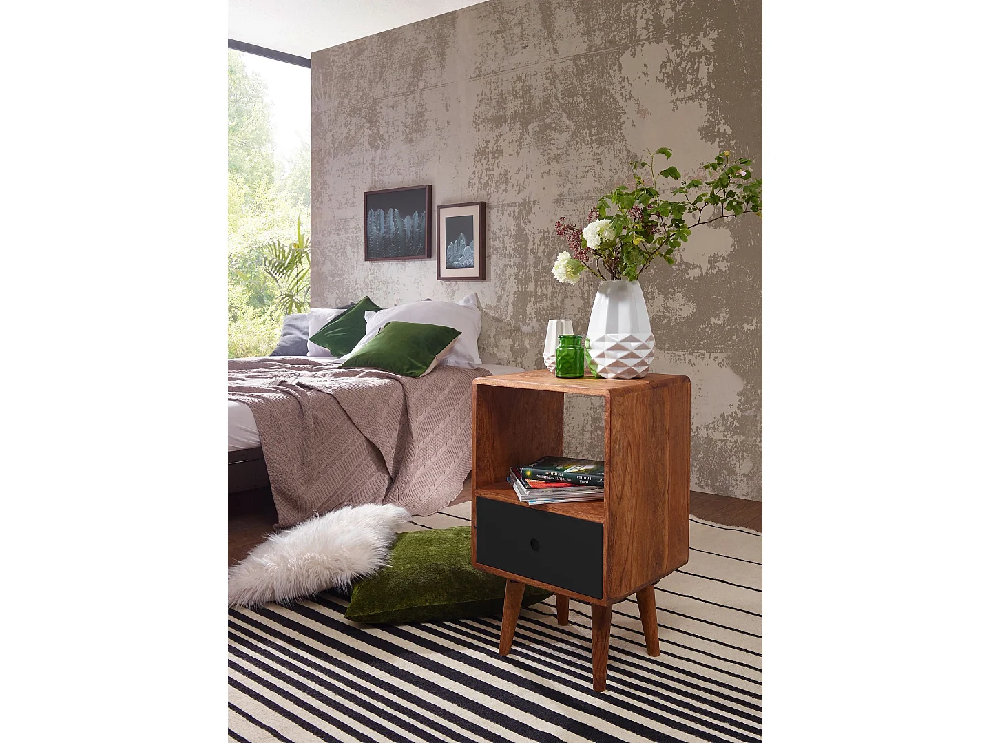 Retro nachtkastje REPA / sheesham houten nachtkastje met lade donkerbruin / zwart | Ontwerp nachtkastje 40 x 35 x 70 cm | groot bed