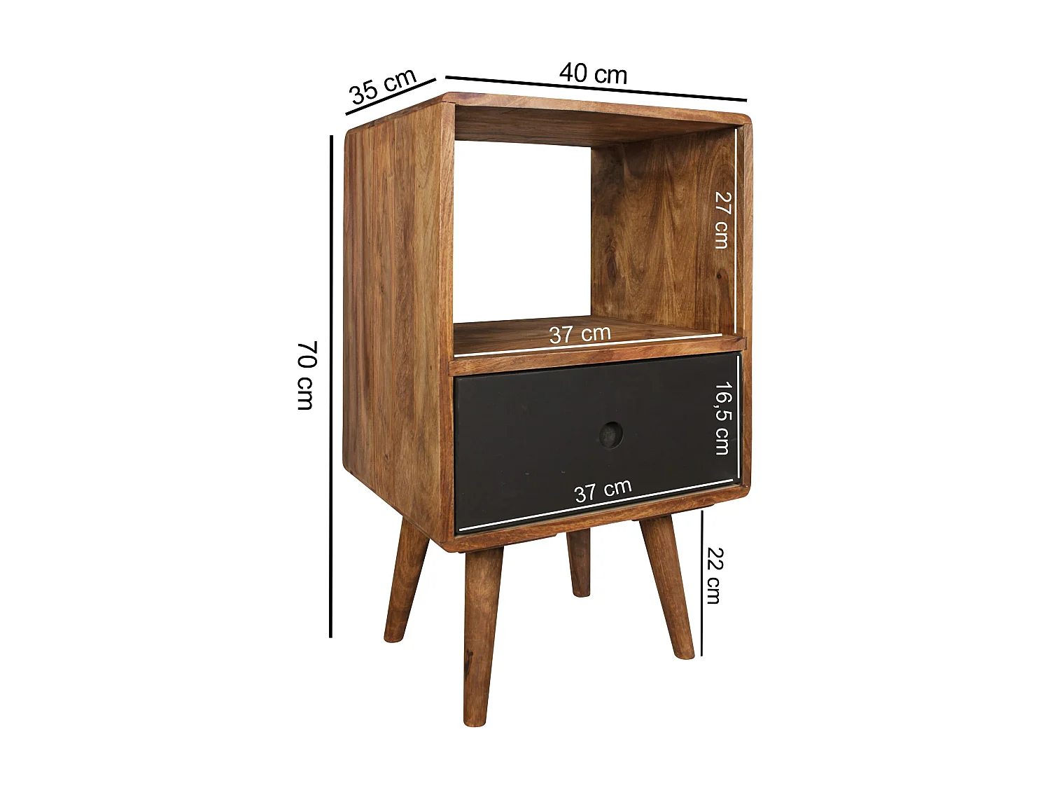 Retro nachtkastje REPA / sheesham houten nachtkastje met lade donkerbruin / zwart | Ontwerp nachtkastje 40 x 35 x 70 cm | groot bed