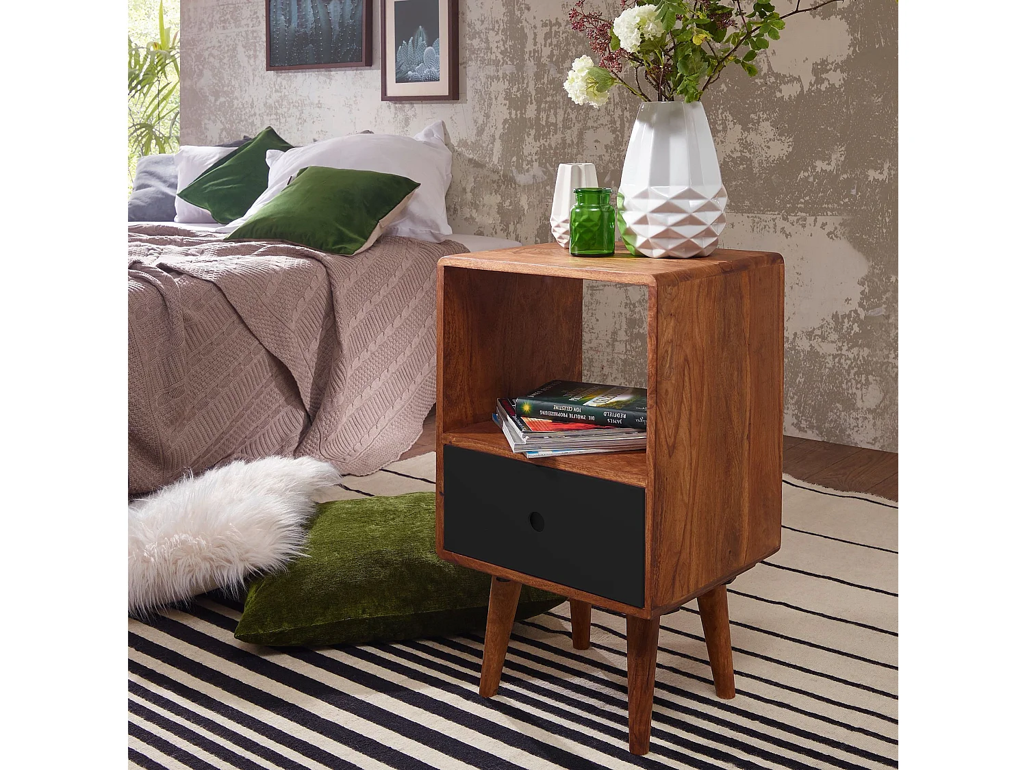 Retro Nachtkonsole REPA / Sheesham-Holz Nachttisch mit Schublade dunkelbraun / schwarz, Design