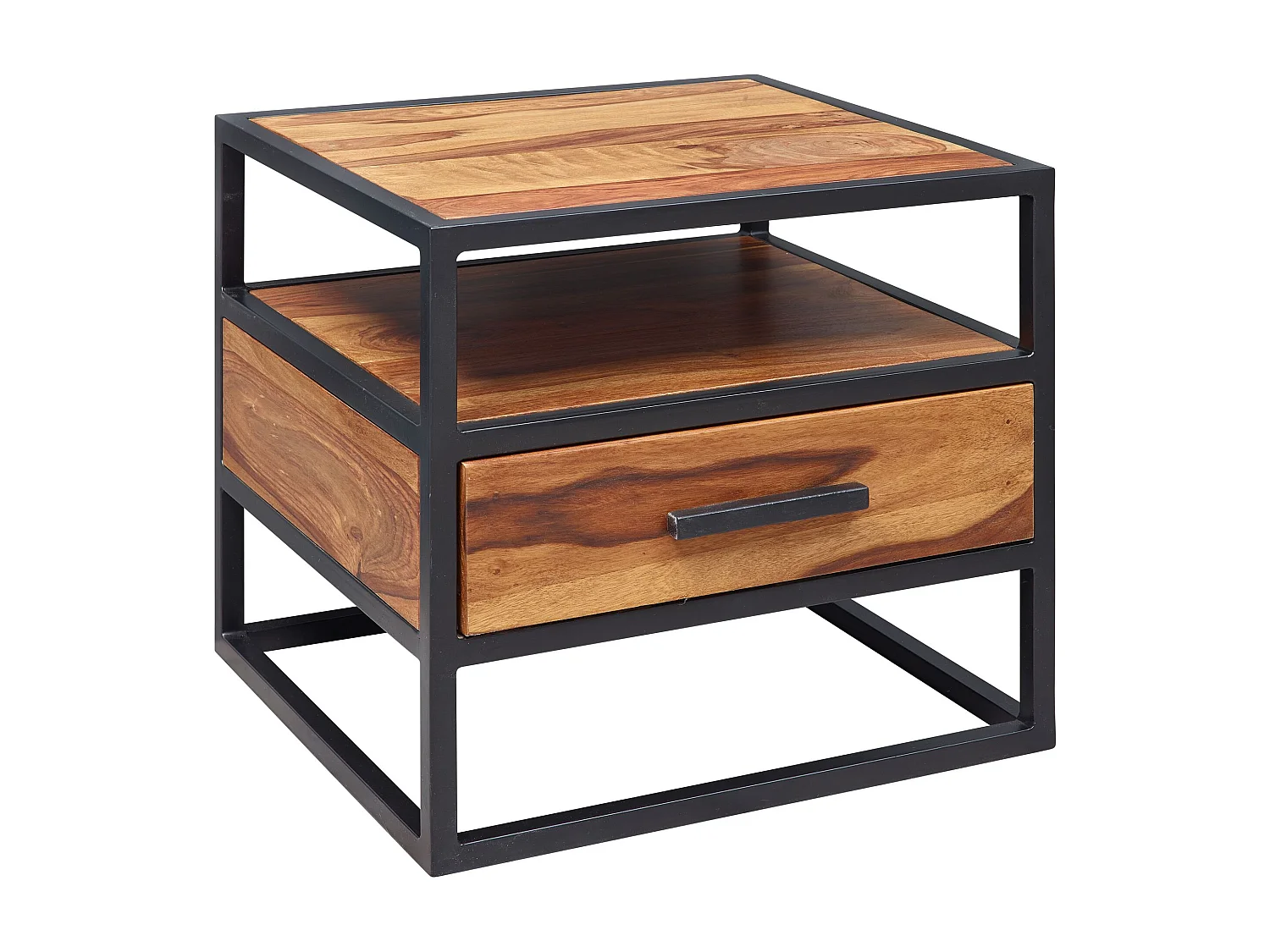Nachtkonsole 50 x 45 x 45 cm WL5.624 Sheesham Holz Metall Schwarz Nachttisch, Nachtkästchen mit