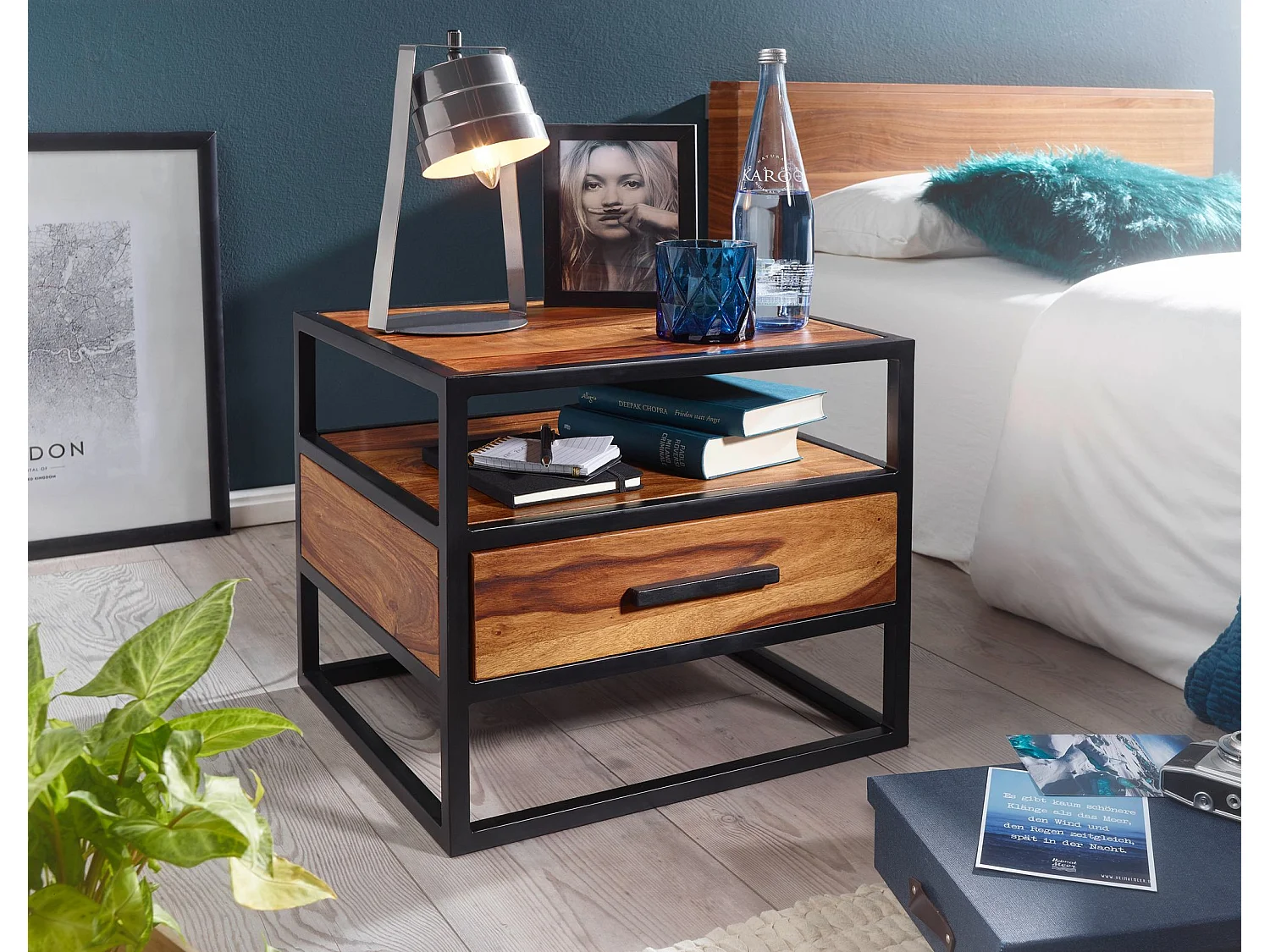 Nachtkonsole 50 x 45 x 45 cm WL5.624 Sheesham Holz Metall Schwarz Nachttisch, Nachtkästchen mit