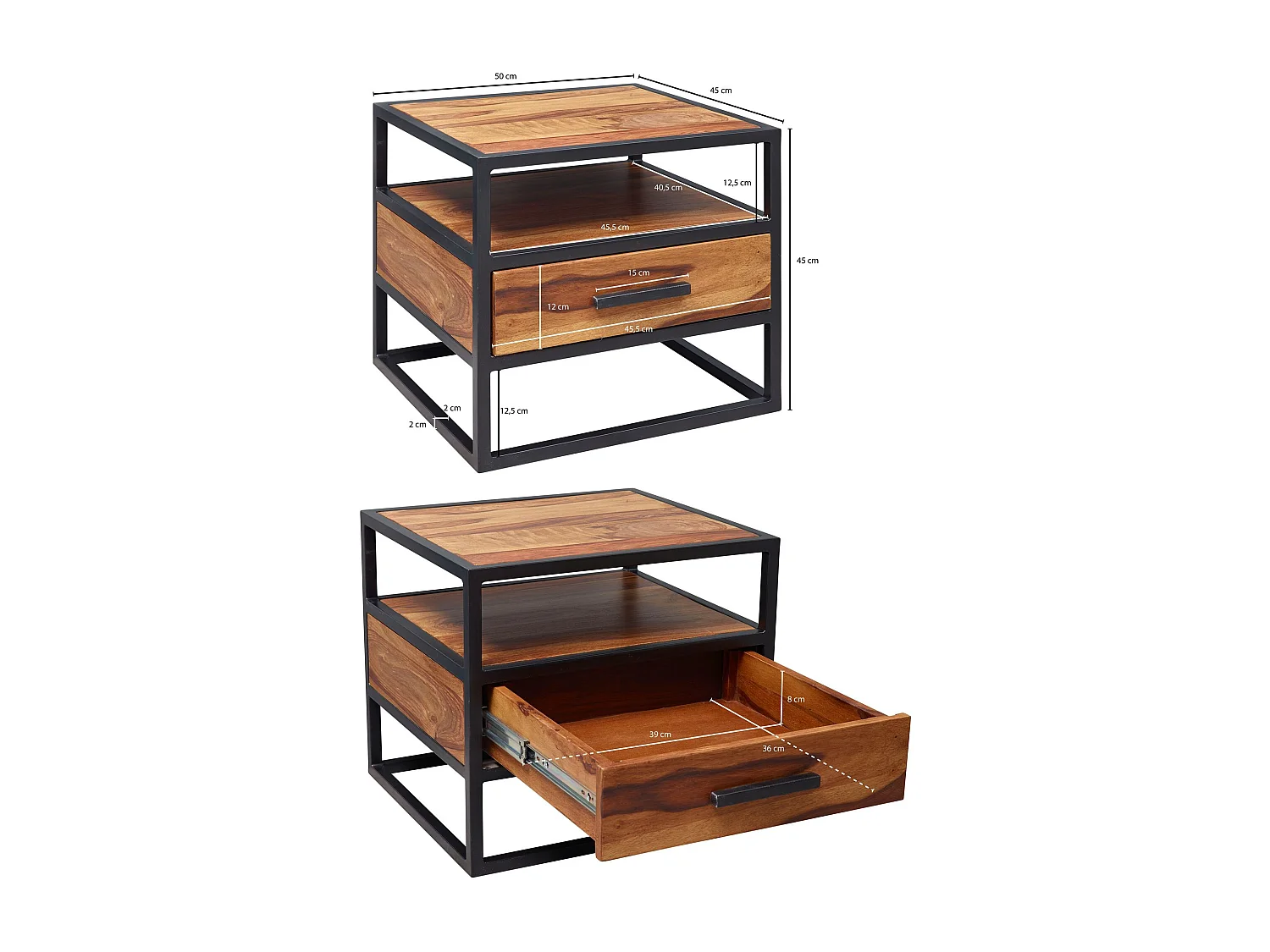 Nachtkonsole 50 x 45 x 45 cm WL5.624 Sheesham Holz Metall Schwarz Nachttisch, Nachtkästchen mit