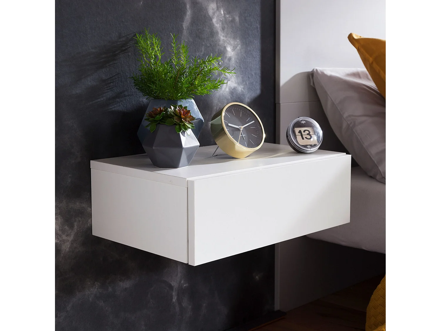 Nachtkonsole ZADAR für Wandmontage 46x15x30cm Weiß Nachttisch Holz, Wandregal mit Schublade,