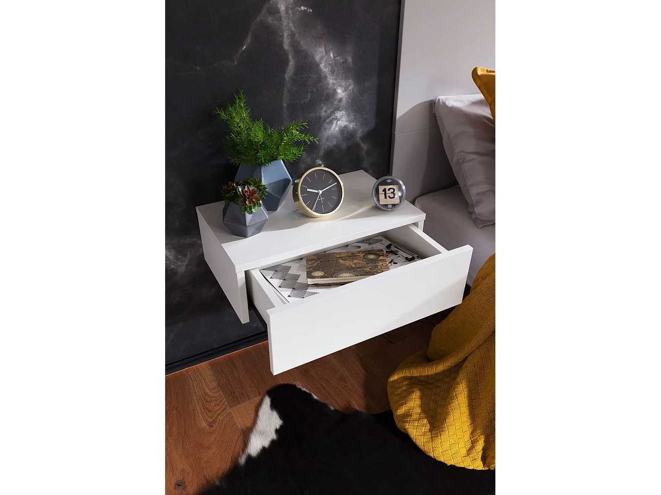Nachtkonsole ZADAR für Wandmontage 46x15x30cm Weiß Nachttisch Holz, Wandregal mit Schublade,