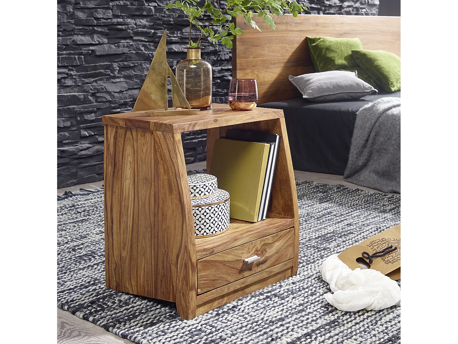 nachtkastje MUMBAI massief houten sheesham nachtkastje 53 cm 1 ladeplank nachtkastje landelijke stijl echt hout