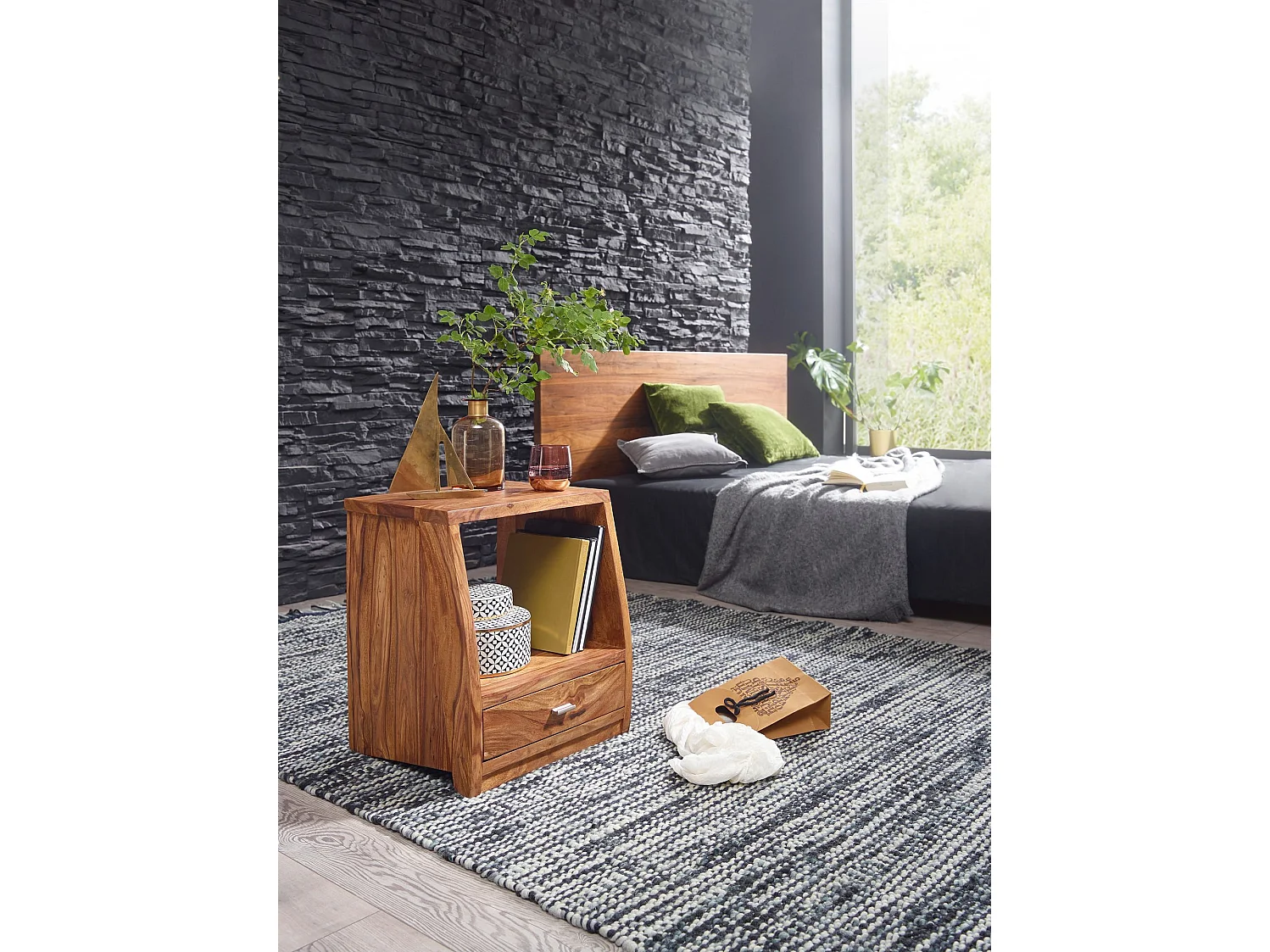 nachtkastje MUMBAI massief houten sheesham nachtkastje 53 cm 1 ladeplank nachtkastje landelijke stijl echt hout