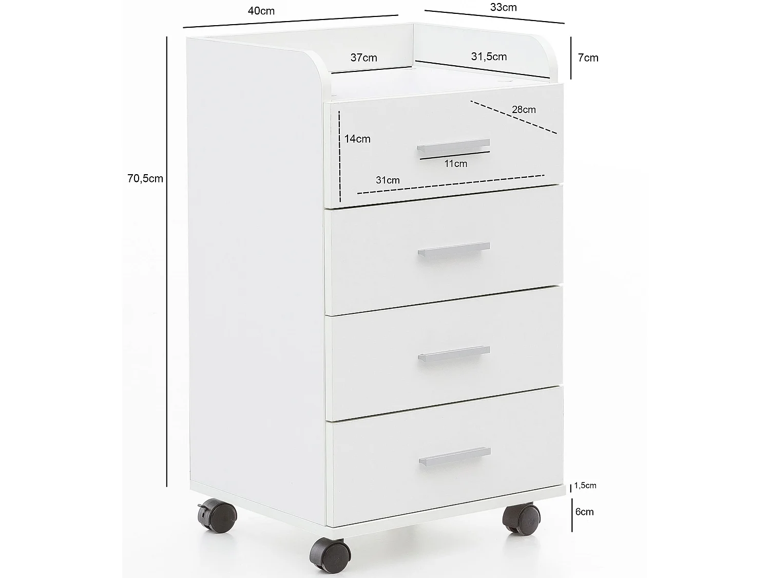 rolcontainer WL5.748 40 x 70,5 x 33 cm wit | Bureaucontainer Rolkast 4 laden | Hedendaagse ladekast met zwenkwielen | Standcontainer Kantoorcontainer Zijcontainer