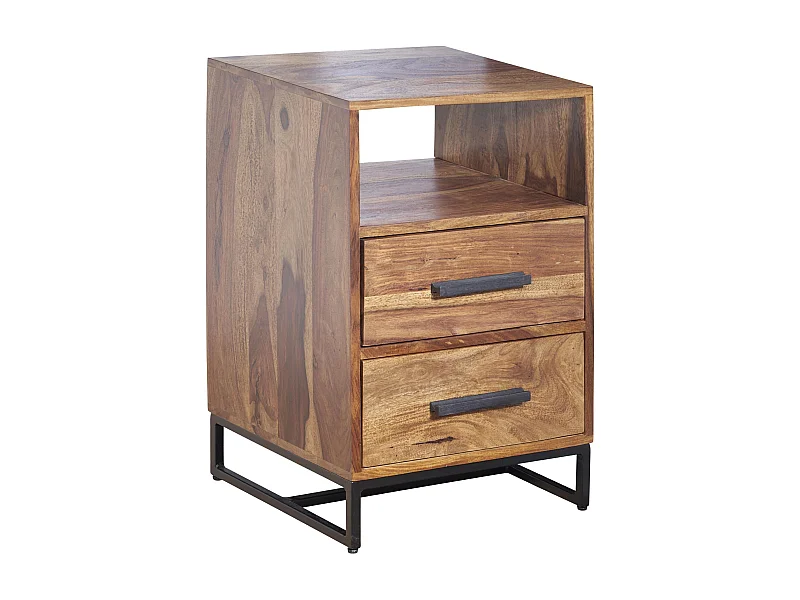 Nachtkastje Boxspring Sheesham Massief Hout en Metaal 40x35x66 cm | Nachtkast Hoog Moderne met Opbergruimte | Design Bijzettafel met 2 Lades
