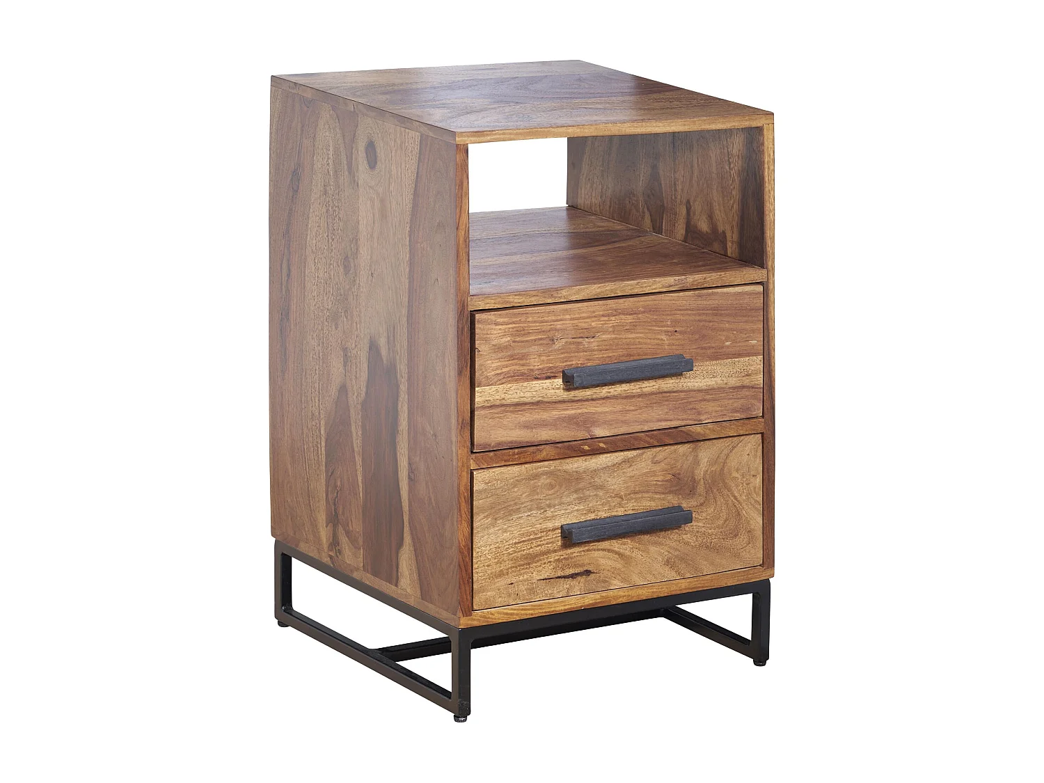 Nachtkastje Boxspring Sheesham Massief Hout en Metaal 40x35x66 cm | Nachtkast Hoog Moderne met Opbergruimte | Design Bijzettafel met 2 Lades