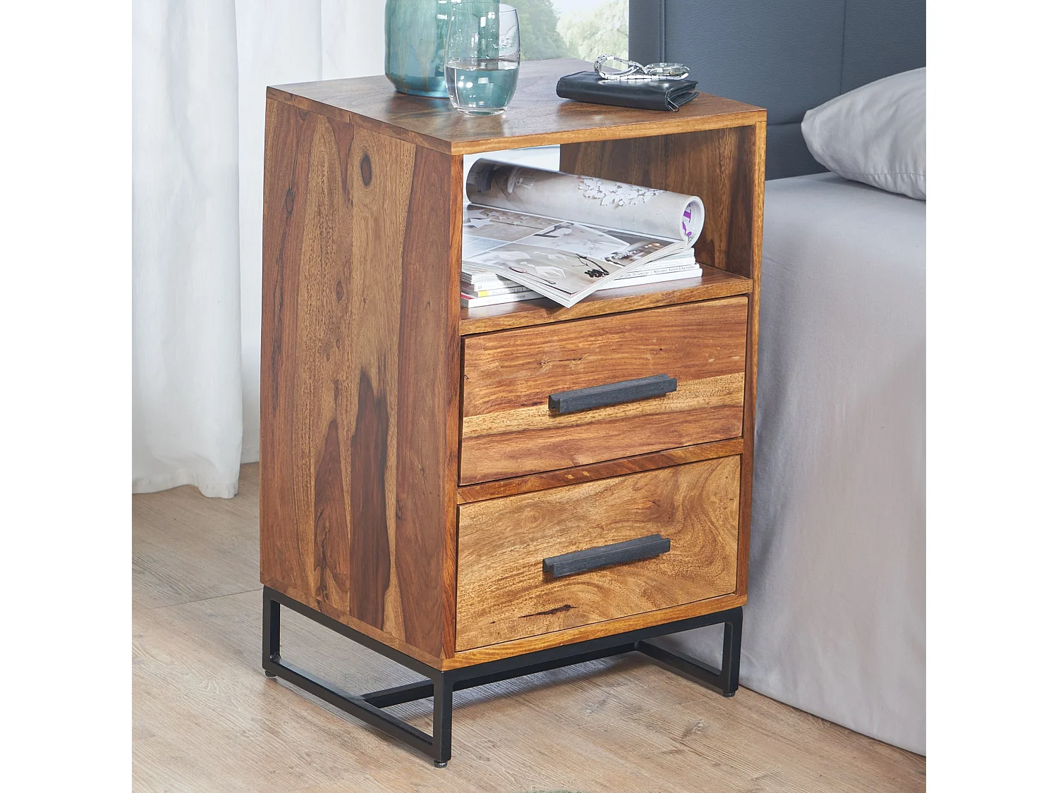 Nachtkastje Boxspring Sheesham Massief Hout en Metaal 40x35x66 cm | Nachtkast Hoog Moderne met Opbergruimte | Design Bijzettafel met 2 Lades