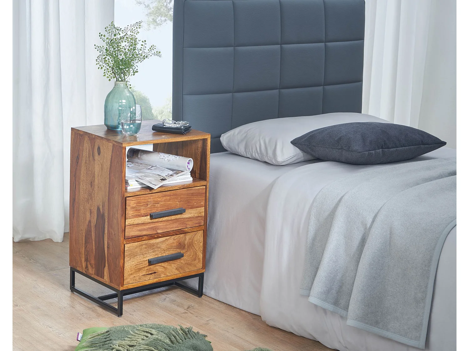 Nachtkastje Boxspring Sheesham Massief Hout en Metaal 40x35x66 cm | Nachtkast Hoog Moderne met Opbergruimte | Design Bijzettafel met 2 Lades