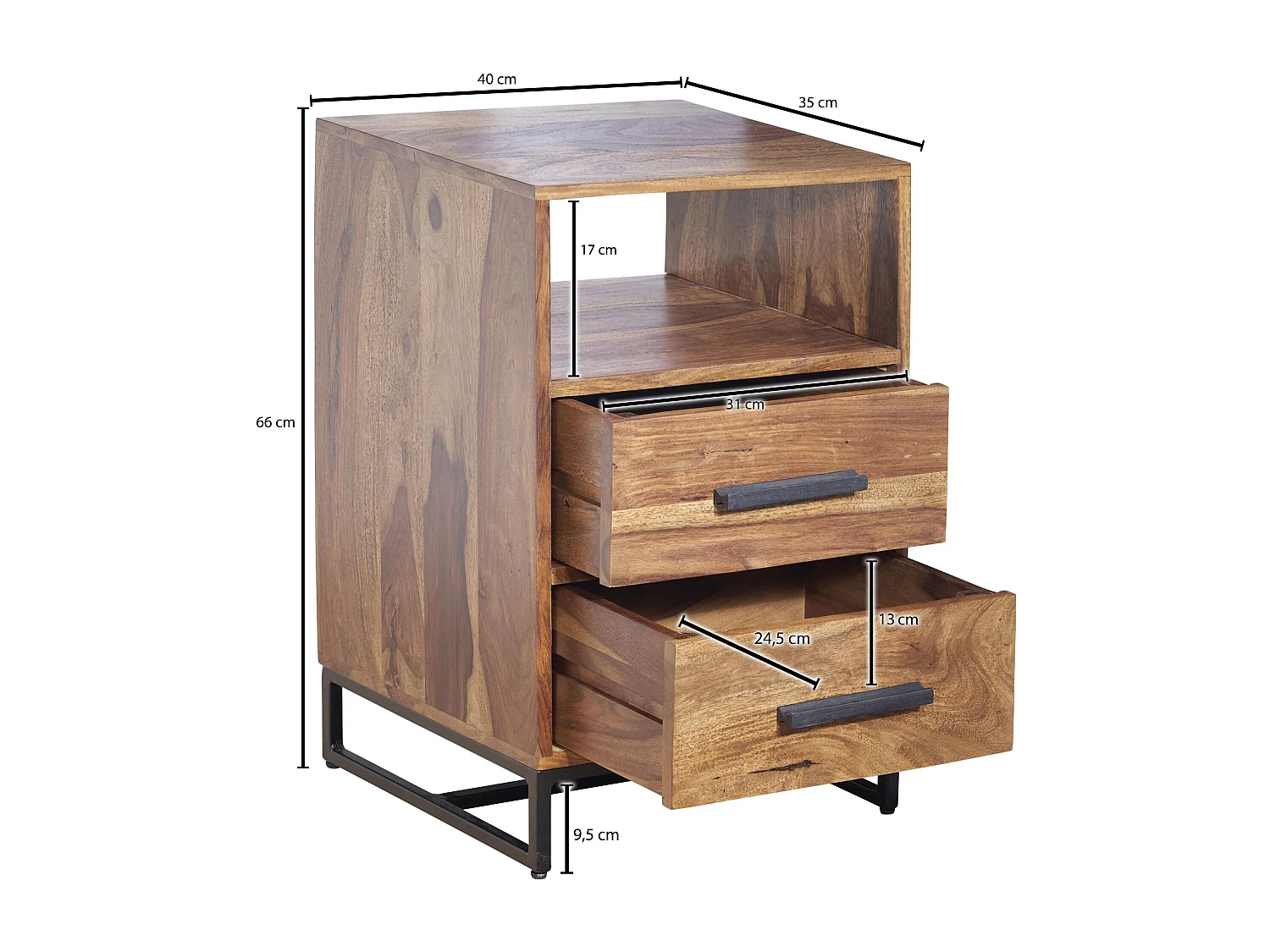 Nachtkastje Boxspring Sheesham Massief Hout en Metaal 40x35x66 cm | Nachtkast Hoog Moderne met Opbergruimte | Design Bijzettafel met 2 Lades
