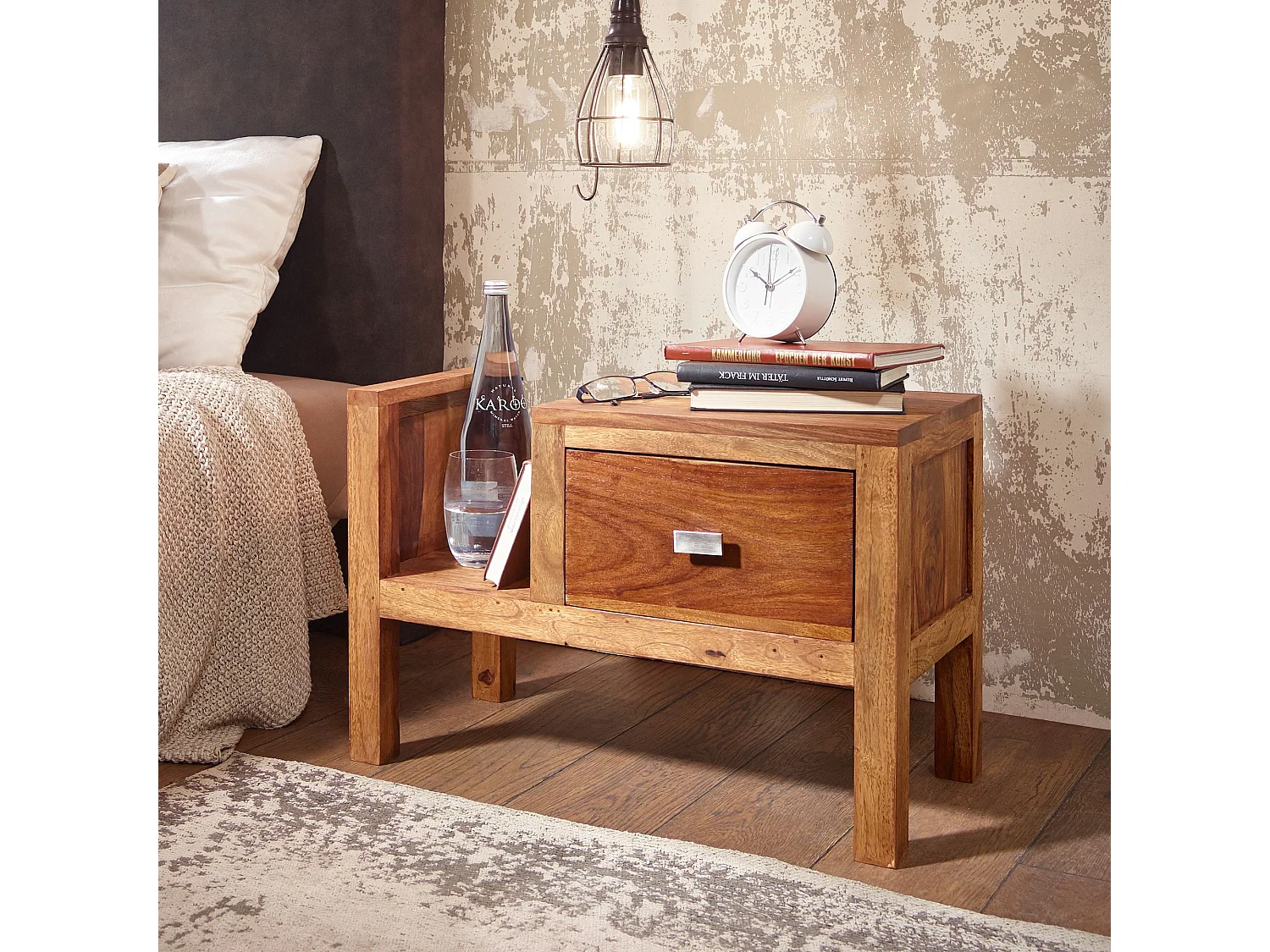 Nachttisch MUMBAI Massiv-Holz Sheesham Nacht-Kommode 40 cm hoch Schublade mit Zeitungsablage