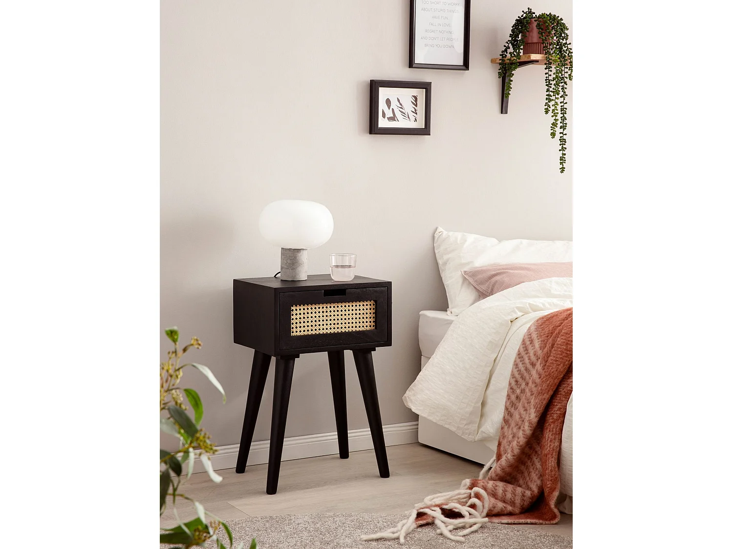 nachtkastje mango massief hout / rotan 40x60x30 cm nachtkastje zwart | Nachtkastje boxspringbed met lade Weens geweven | Nachtkastje met opbergruimte