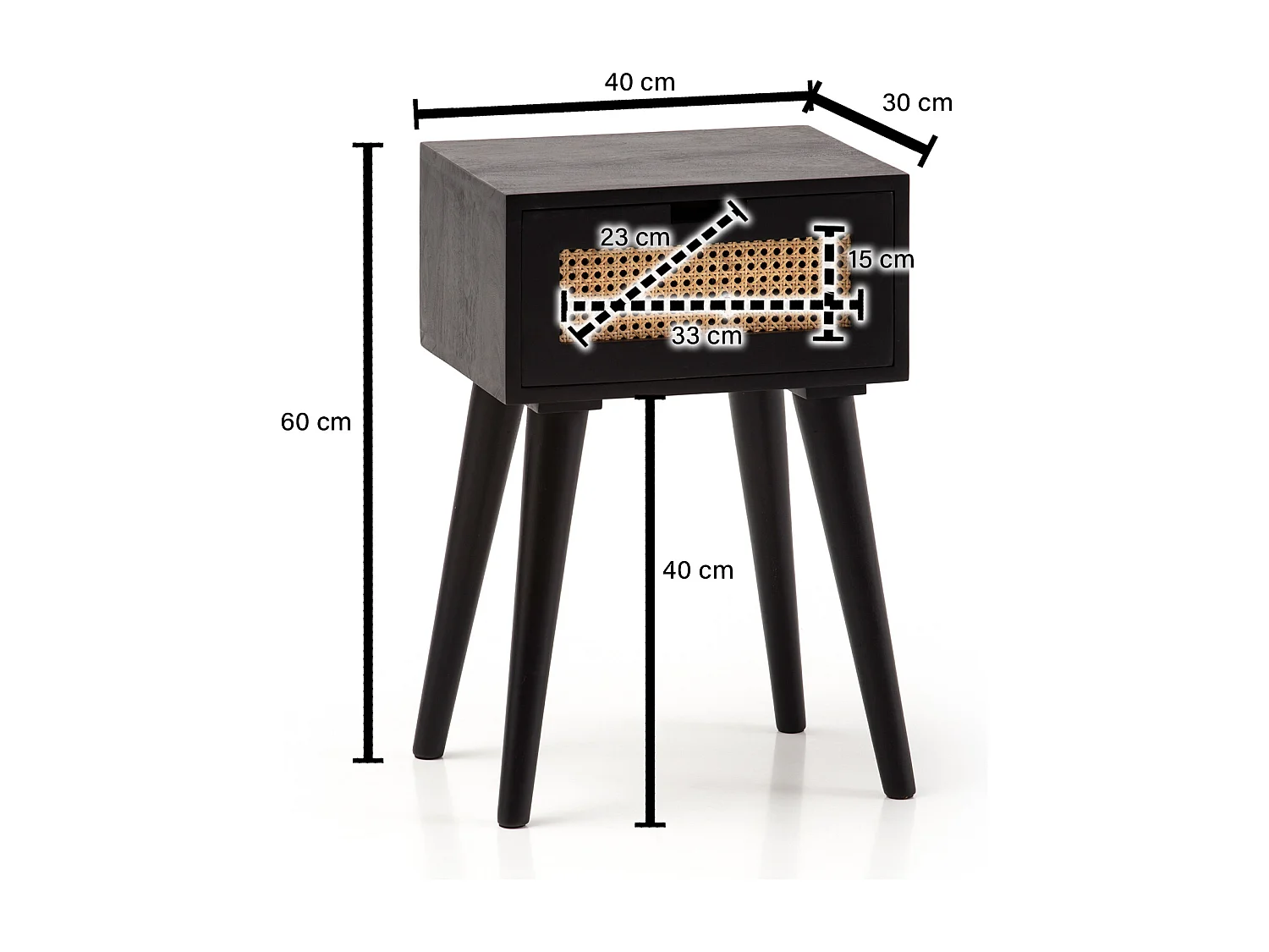 nachtkastje mango massief hout / rotan 40x60x30 cm nachtkastje zwart | Nachtkastje boxspringbed met lade Weens geweven | Nachtkastje met opbergruimte