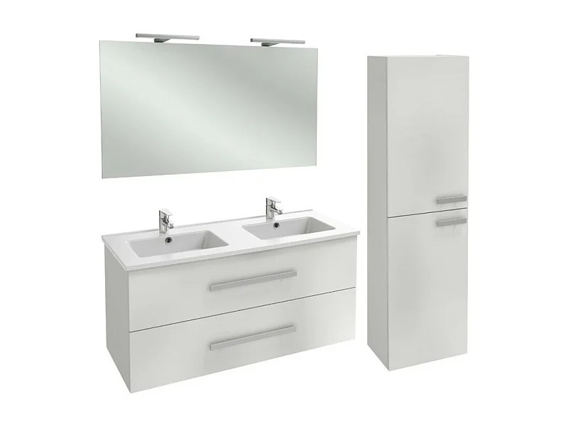 Meuble double vasque 120 cm JACOB DELAFON Ola Up blanc brillant + colonne + miroir et spots