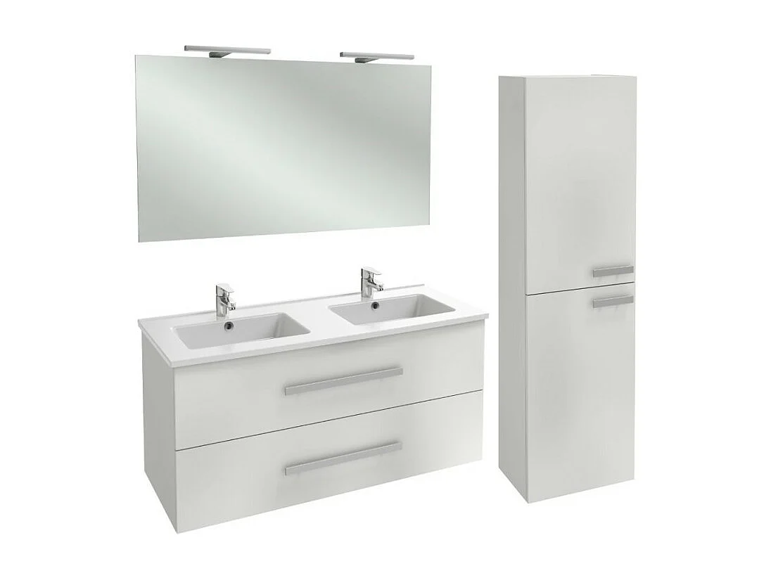 Meuble double vasque 120 cm JACOB DELAFON Ola Up blanc brillant + colonne + miroir et spots