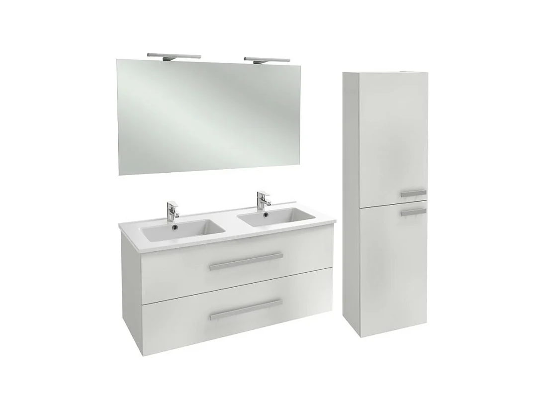 Meuble double vasque 120 cm JACOB DELAFON Ola Up blanc brillant + colonne + miroir et spots