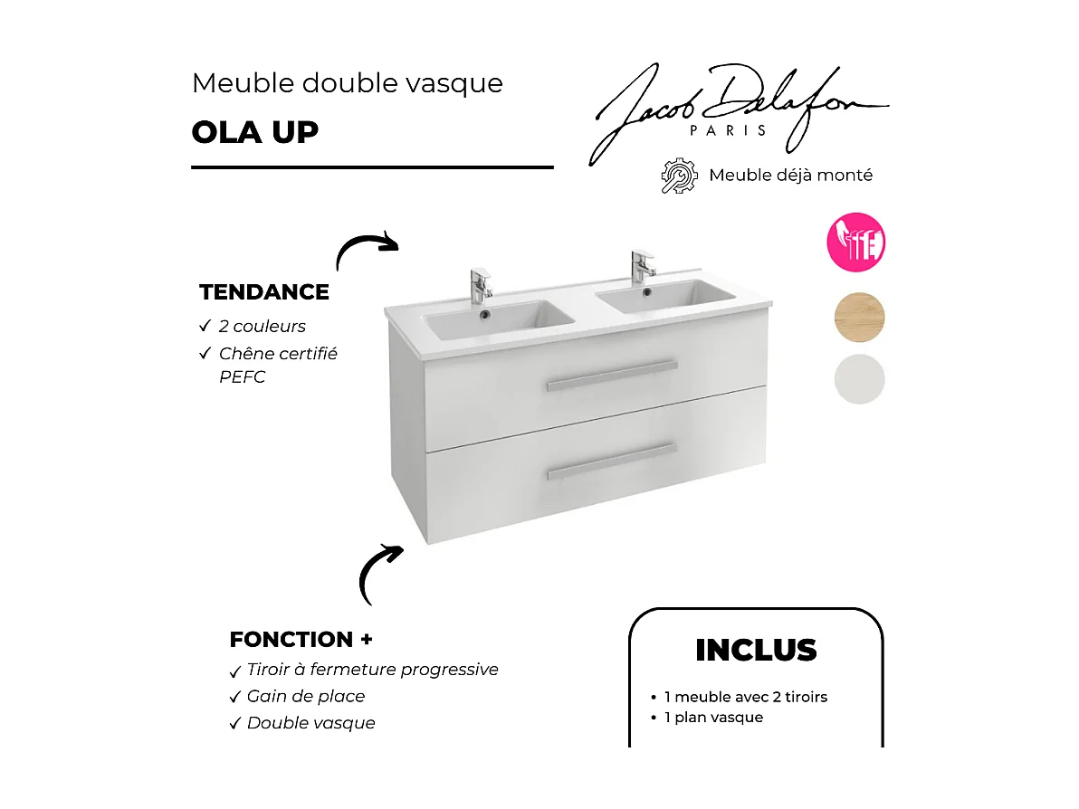 Meuble double vasque 120 cm JACOB DELAFON Ola Up blanc brillant + colonne + miroir et spots