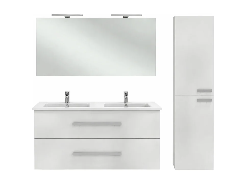 Pack meuble double vasque 120 cm JACOB DELAFON Ola Up blanc + colonne + miroir + spot