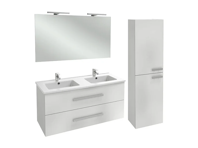 Meuble double vasque 120 cm JACOB DELAFON Ola Up blanc brillant + colonne + miroir et spots