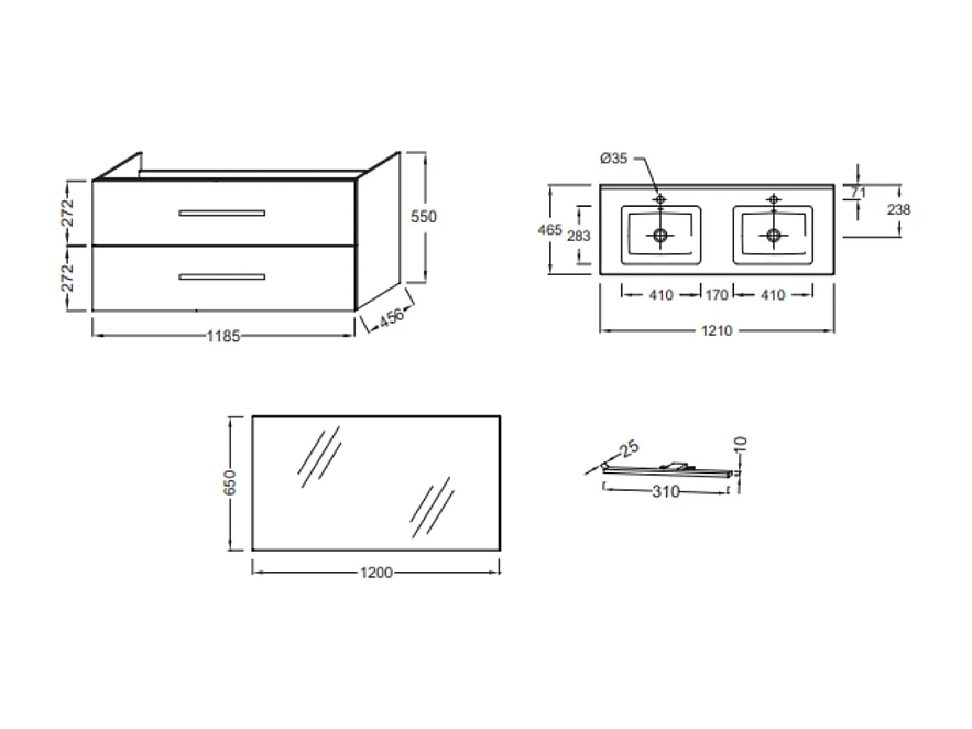 Pack meuble double vasque 120 cm JACOB DELAFON Ola Up + miroir + spot