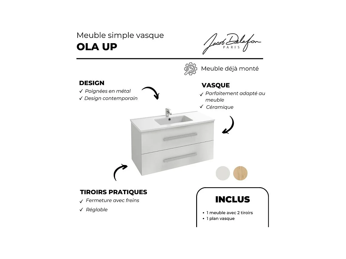 Pack meuble vasque 60 cm JACOB DELAFON Ola up blanc + colonne + miroir + spot