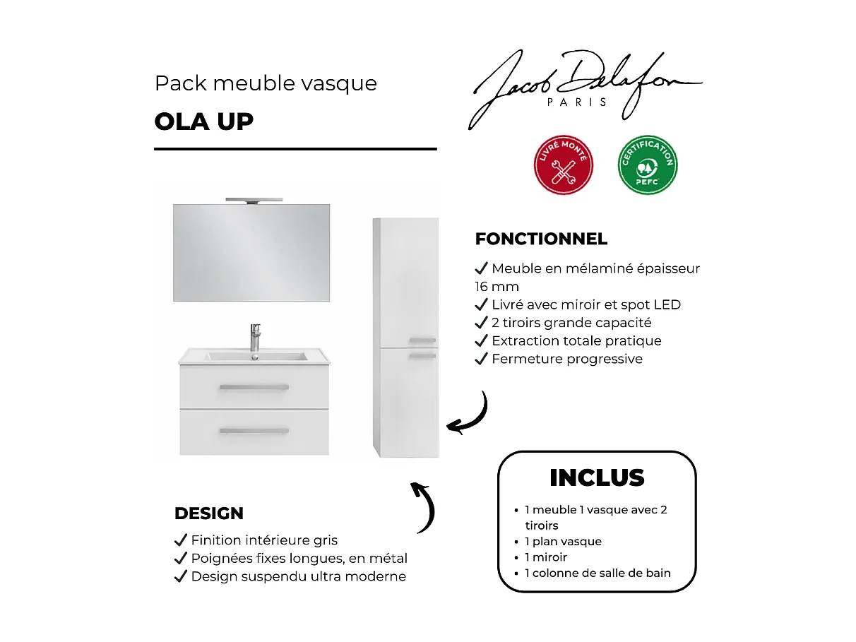 Meuble vasque 60 cm JACOB DELAFON Ola Up blanc brillant + colonne + miroir et spots