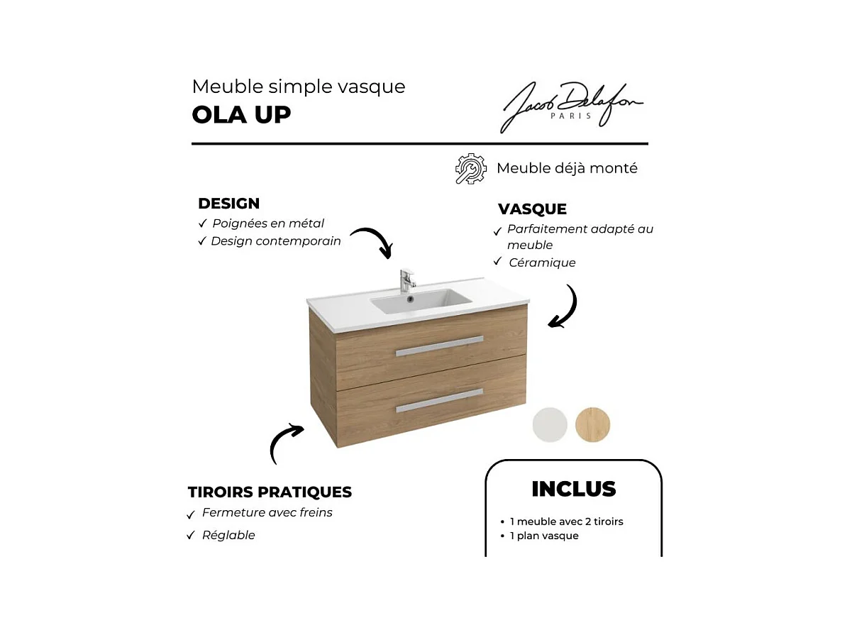 Pack meuble vasque 100 cm JACOB DELAFON Ola up chêne + miroir + spot