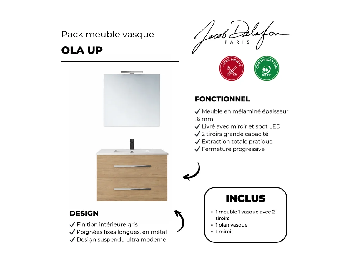 Pack meuble vasque 100 cm JACOB DELAFON Ola up chêne + miroir + spot
