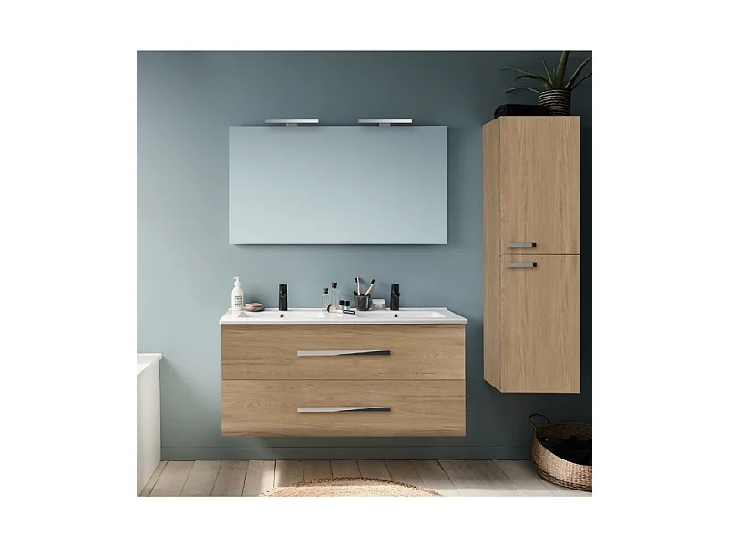 Meuble double vasque 120 cm JACOB DELAFON Ola Up chêne + colonne + miroir et spots