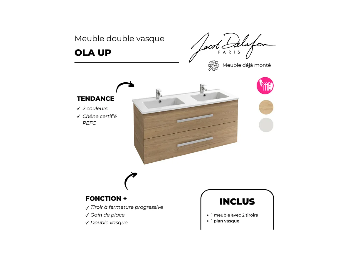 Meuble double vasque 120 cm JACOB DELAFON Ola Up chêne + colonne + miroir et spots