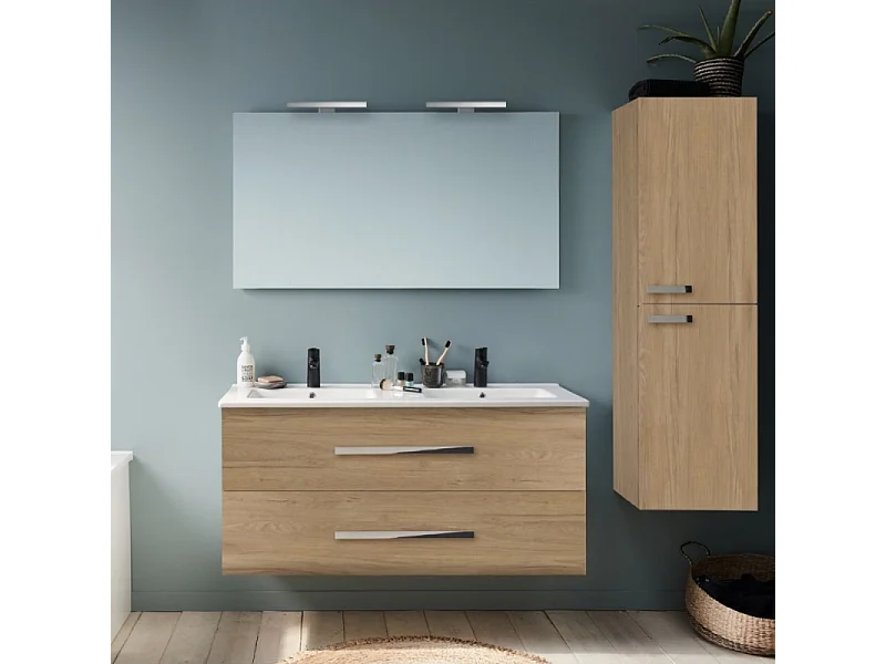 Pack meuble double vasque 120 cm JACOB DELAFON Ola Up chêne + colonne + miroir + spot
