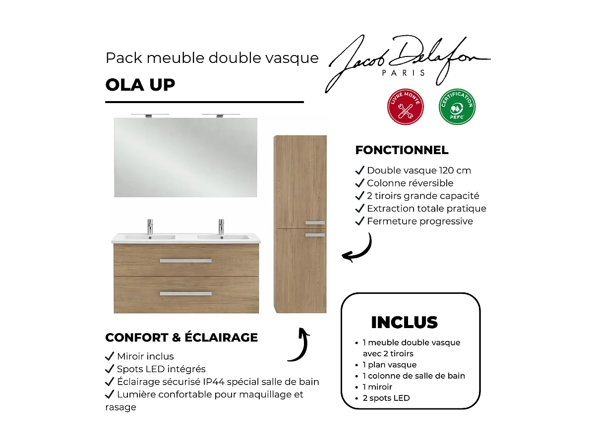 Pack meuble double vasque 120 cm JACOB DELAFON Ola Up chêne + colonne + miroir + spot